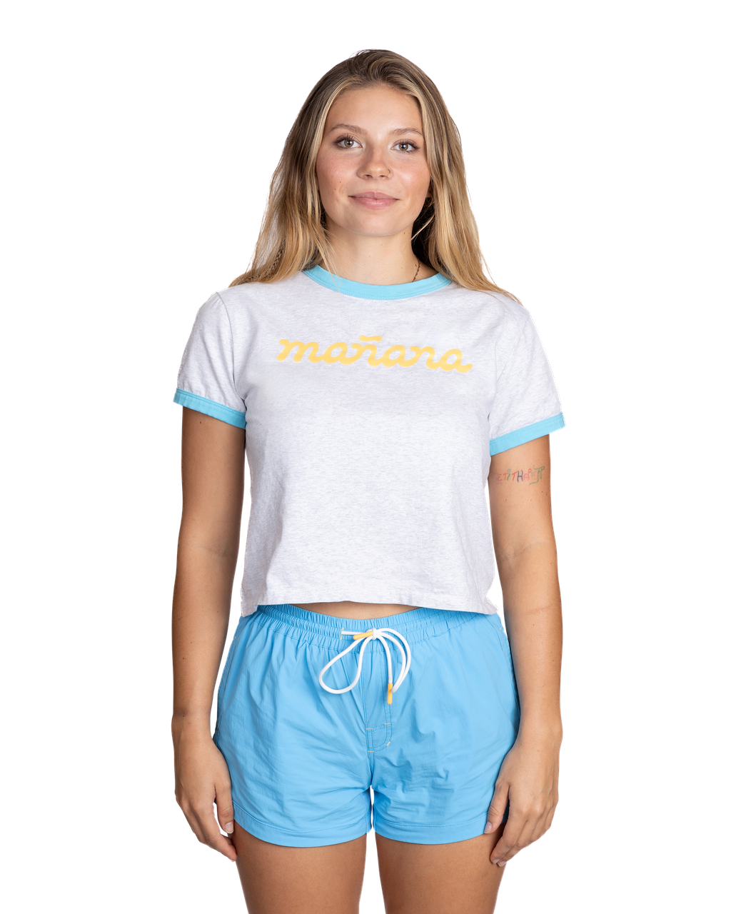 Cropped Logo Ringer - Heather Gray/Baby Blue